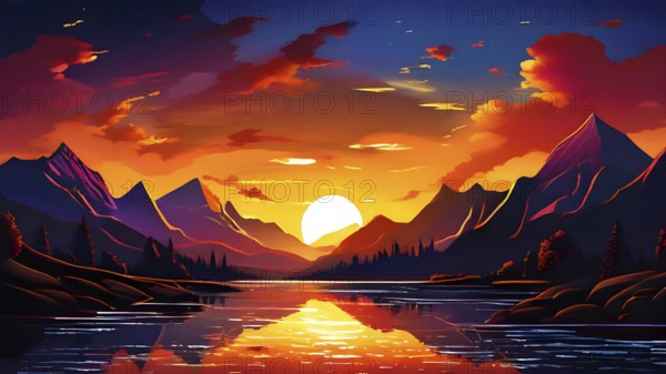 Abstract illustration of a sunset in a mountain landscape with a lake in vivid and vibrant colors, AI generated