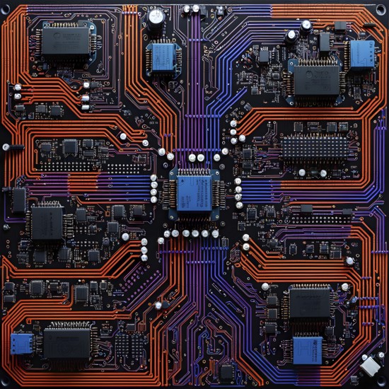 Birds eye view of a circuit board in vivid colored paths and connections, AI generated