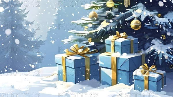 Abstract illustration of wrapped Christmas gifts, shiny ribbons and bows, stacked under a snow-dusted evergreen tree in a snowy outdoor setting, AI generated