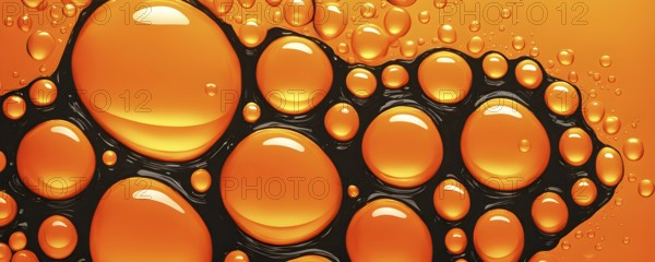 Illustration of oil and water bubbles floating serenely juxtaposed against a vivid orange background, AI generated
