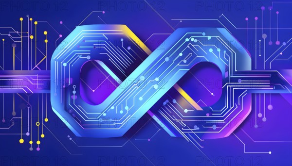 Interlocking geometric shapes that morph into circuits, symbolizing AI logic and algorithms, vibrant blue, purple and yellow hues, AI generated