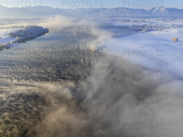 Aerial view of a lake in front of mountains, winter, snow, morning light, fog, Riegsee, Alpine foothills, Upper Bavaria, Bavaria, Germany, Europe