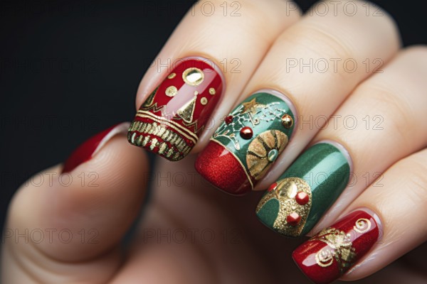 Woman's fingernails with festive green, red and golden Christmas nail art. KI generiert, generiert AI generated