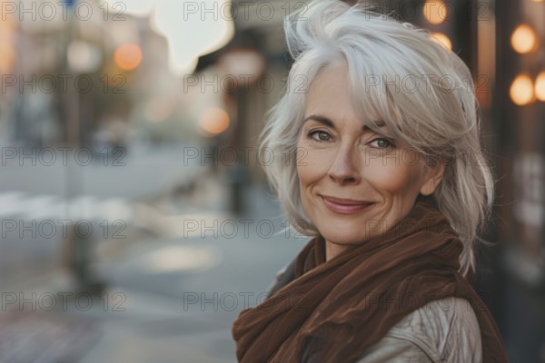 Beautiful elderly woman in her 50s or 60s with youthful appearance with gray hair with blurry stret background. Generative AI, AI generated