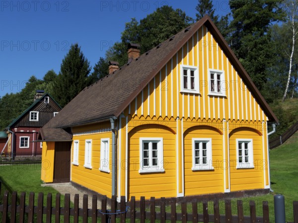 Yellow half-timbered house, villages and green landscape, Marenice, Lusatian Mountains, Bohemia, Czech Republic, Europe