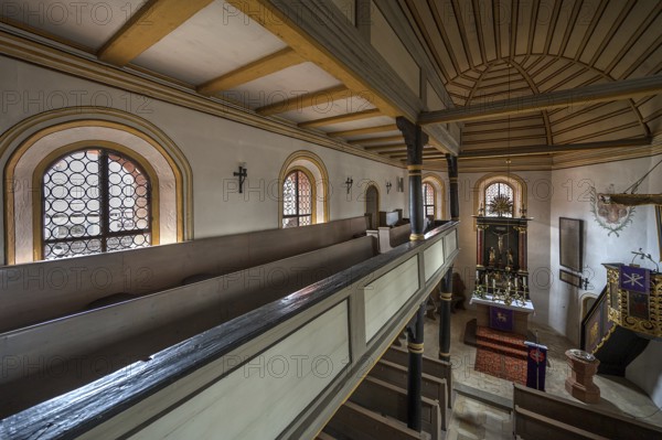 Gallery and chancel of the baroque church of St Veit, built in 1464, Altenthann, Middle Franconia, Bavaria, Germany, Europe