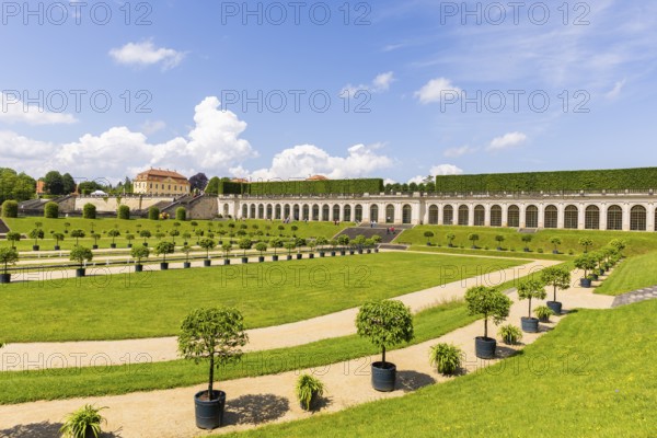 The Grosssedlitz Baroque Garden with the Friedrich Palace is located on a hill on the left bank of the Elbe to the south-east of Dresden in Grosssedlitz, which belongs to the town of Heidenau in the Free State of Saxony, Grosssedlitz Baroque Garden, Heidenau, Saxony, Germany, Europe
