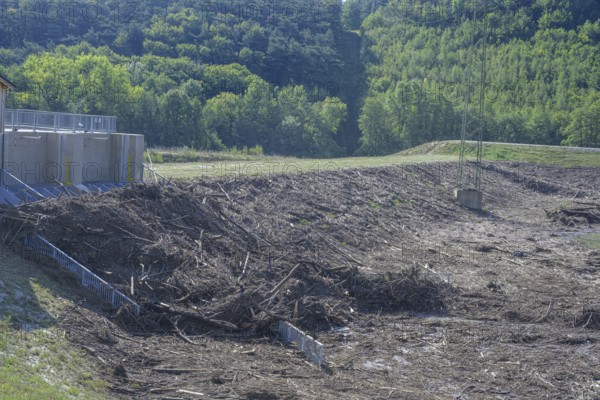 Blockages caused by wood at the Fahrafeld flood defence after a severe storm, Pottenstein, Lower Austria, Austria, Europe