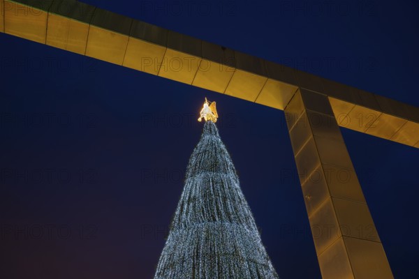 Largest Christmas tree in the world, coloured lights and angels on top, Christmas market, Dortmund, Ruhr area, North Rhine-Westphalia, Germany, Europe