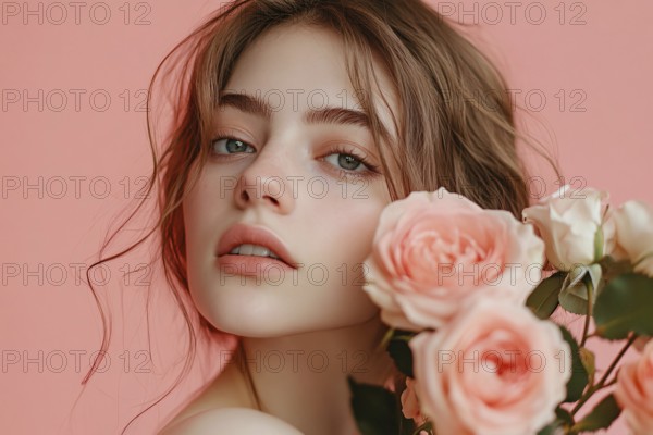 Young woman with brunette hair and pink romantic rose flowers in front of pastel studio background. Generative AI, AI generated