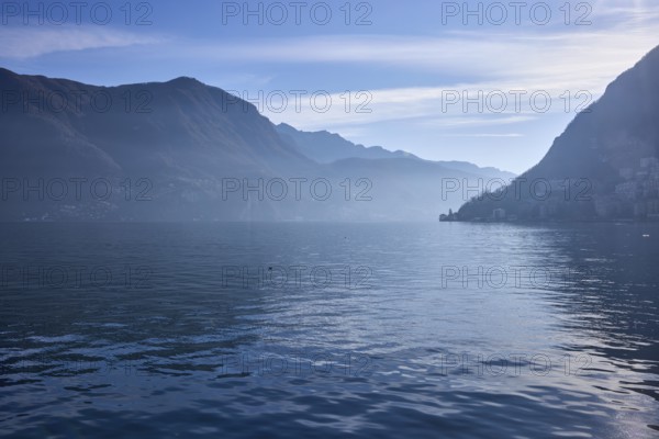 Lake, hill, mist, fog, reflection, water surface, backlight, Lake Lugano, Lugano, Lugano district, Ticino, Switzerland, Europe