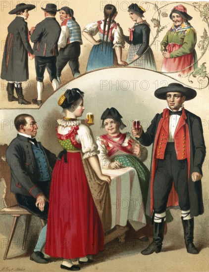Traditional costumes in Germany around 1820, Baden, Schapbach and Kinzigtal, A couple serving drinks in traditional traditional costume in a convivial scene, digitally retouched reproduction of a model from around 1850, by Albert Kretschmer (27 February 1825, 11 July 1891), German painter and costumier