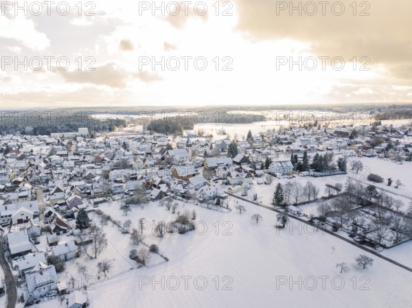 Wide snow-covered village, surrounded by fields and snow-covered trees, Calw, Altburg, district Calw, Black Forest, Germany, Europe