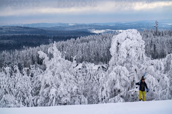 Winter in Sauerland, Hochsauerlandkreis, at Kahler Asten, near Winterberg, few tourists, visitors, during the lockdown in January 2021, North Rhine-Westphalia, Germany, Europe