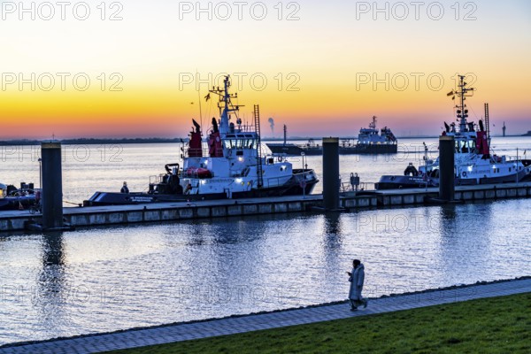 The tugboat pier, harbour tugs waiting for their next assignment, at the New Harbour, sunset over the Weser estuary with in Bremerhaven, Bremen, Germany, Europe