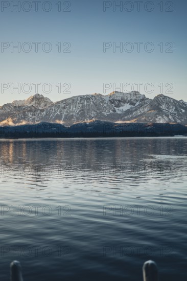 Frosty morning atmosphere during sunrise at Lake Hopfensee in the Allgäu in Bavaria, Germany, Europe