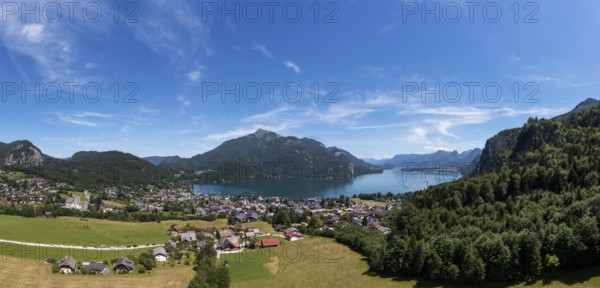 Drone image, Sankt Gilgen am Wolfgangsee with Schafberg, Osterhorn group, Salzkammergut, Salzburg province, Austria, Europe