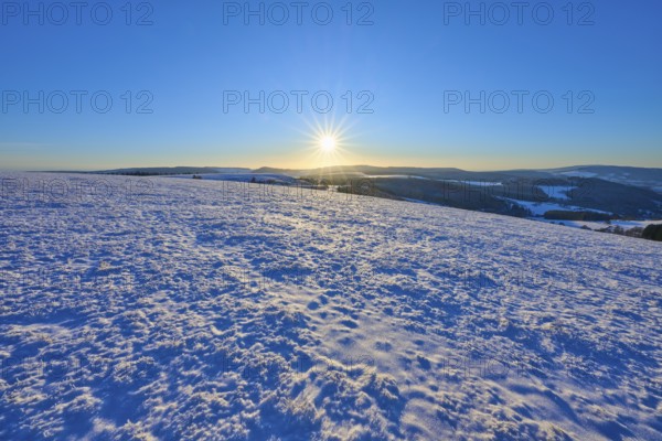 Sunny winter landscape with a wide view and blue sky, Winter, Wasserkuppe, Gersfeld, Rhön, Hesse, Germany, Europe