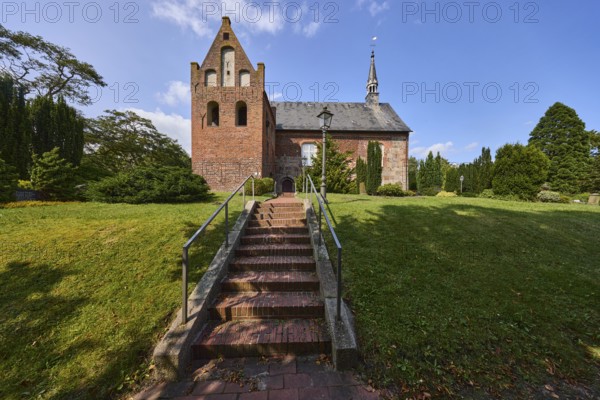 St Martin's Church, Evangelical Lutheran parish of Zetel, brick staircase, metal railings, lawn, trees, Zetel, district of Friesland, Lower Saxony, Germany, Europe