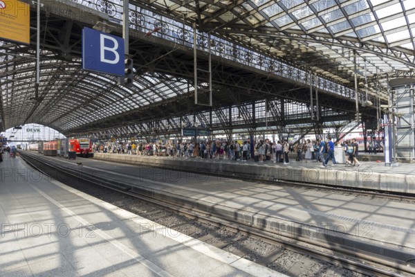 Local train and glass roof at Cologne Central Station, Cologne, Rhineland, North Rhine-Westphalia, Germany, Europe