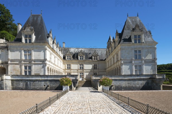 Historic stone castle with imposing architecture and blue sky, Villandry Castle, Renaissance, Tours, Loire Valley, Centre-Val de Loire, France, Europe