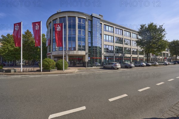 Head office of Niederrheinische Sparkasse RheinLippe with flags on Bismarckstraße in Wesel, Lower Rhine, Wesel district, North Rhine-Westphalia, Germany, Europe