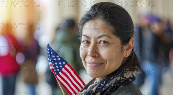 A patriot woman holding American USA flag and smiling while voting in local elections, AI generated