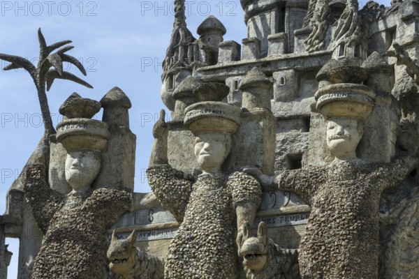 Hauterives. Postman Ferdinad Cheval's Ideal Palace, naive art, the three giants, Drôme, Auvergne-Rhone-Alpes, France, Europe