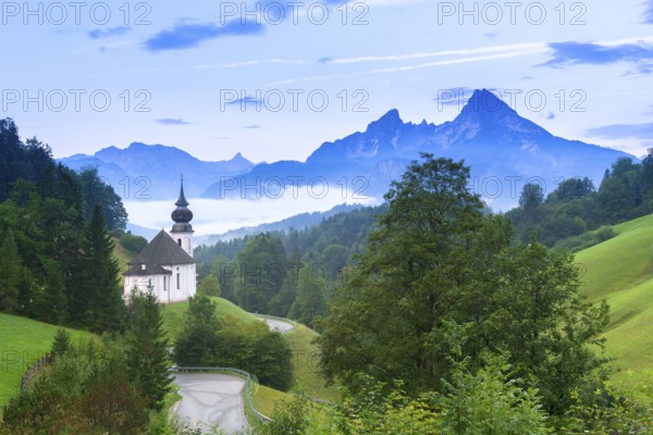 Maria Gern pilgrimage church, view of the Watzmann, in front of sunrise, Berchtesgarden Alps, Berchtesgaden, Berchtesgadener Land, Upper Bavaria, Bavaria, Germany, Europe