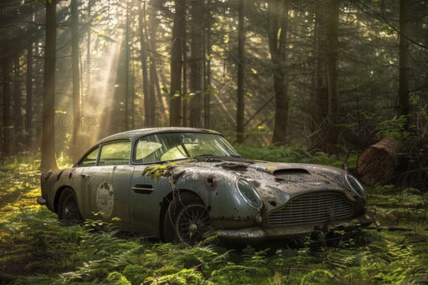 An old, weathered and dusty British vintage car, wreck, of the type Aston Martin DB5 from the 60s stands in a forest, car graveyard, between trees, symbolic image for restoration, repair, restoration of historical cultural assets, AI generated, AI generated, AI generated