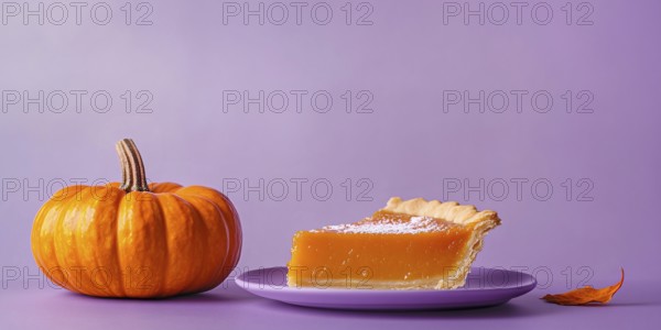Banner with slice of pumpkin pie with orange pumpkin on purple violet background with copy space. Generative Ai, AI generated
