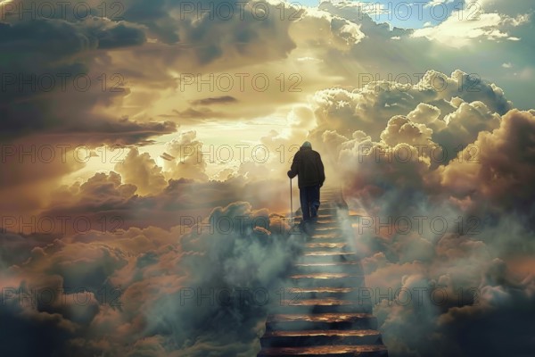 An old man ascends to heaven on a staircase, symbolising death, mourning, the afterlife, psychology, parapsychology, AI generated, AI generated, AI generated