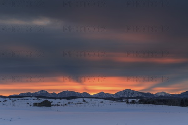 Dawn, cloudy mood, snow, winter, hut, near Habach, view of Kochler mountains, Alpine foothills, Bavaria, Germany, Europe