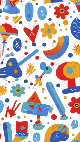 Abstract illustration features a seamless pattern of whimsical hand-drawn shapes and icons in vibrant colorful hues, AI generated