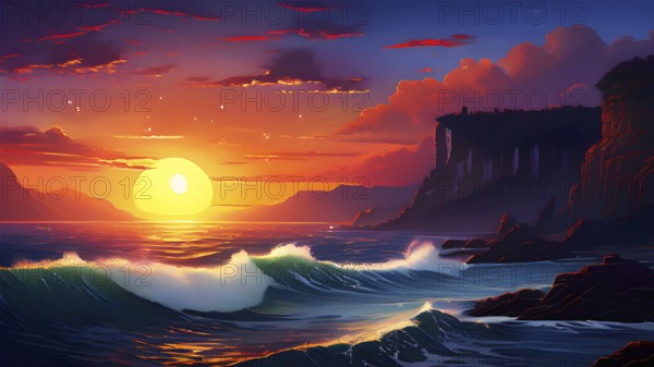 Abstract illustration of a sunset in a coastline landscape with cliffs in vivid and vibrant colors, AI generated