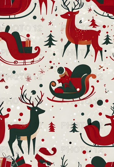 Whimsical abstract scene with stylized reindeer and sleighs to capture the magic of Christmas, AI generated