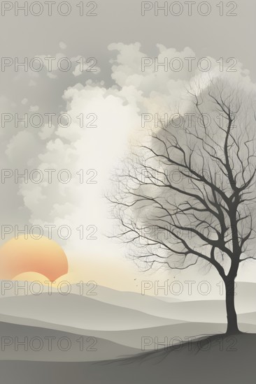 Abstract minimalist spring scene with a single, sharp silhouette of a blooming tree on a vast light grey canvas, with subtle color gradients hinting at spring freshness, AI generated