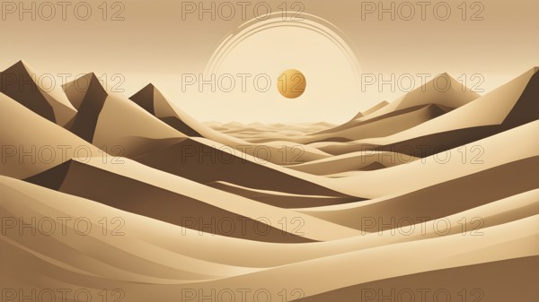 Abstract desert scene with triangular sand dunes and a single circular sun, using sharp lines and subtle gradients in neutral earth tones, AI generated
