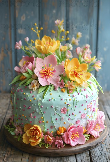 Decorated Easter cake with intricate icing flowers and colorful sprinkles, placed on a rustic wooden table, AI generated