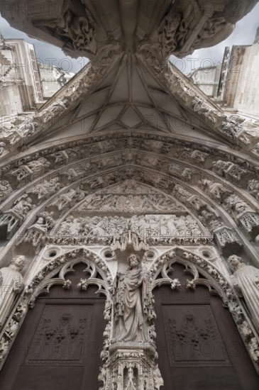 Gothic entrance portal designed with figure reliefs, 1385-1415, Regensburg Cathedral, St Peter's, start of construction 1273, Regensburg, Upper Palatinate, Bavaria, Germany, Europe