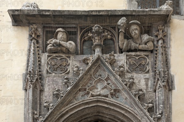 Detailed view of the staircase portal of the Old Town Hall from 1408, Regensburg, Upper Palatinate, Bavaria, Germany, Europe