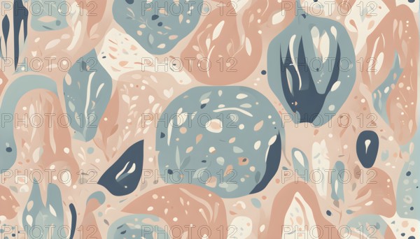 Abstract illustration features a seamless pattern of whimsical hand-drawn shapes and icons in soft pastel hues, AI generated