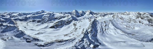 Aerial view, snow-covered mountain landscape, view of Cevedale, Ortler, Monte Zebrù, Königsspitze in the Ortler group, Trento, Italy, Europe