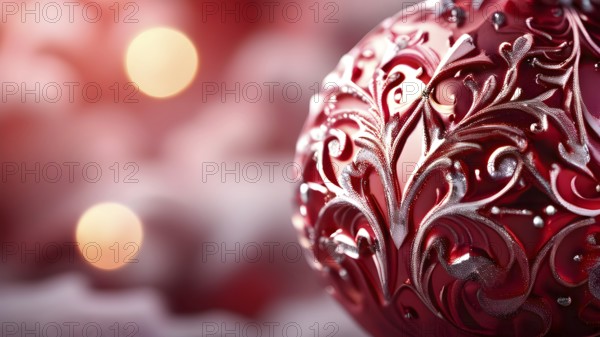 Close up of a frosted red Christmas ornament, detailed with tiny ice crystals, delicate carvings, and a soft glow, AI generated