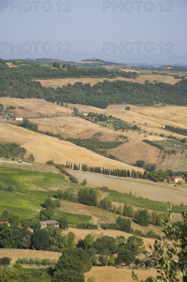 View from Montepulciano into a typical Tuscan landscape in Val d'Orcia with hills, trees, fields, cypresses and farm houses in summer, Montepulciano, Tuscany, Italy, Europe