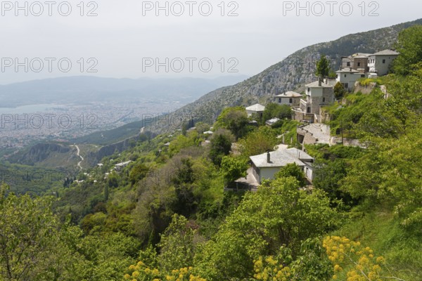 Mountain landscape with scattered houses on a green slope and a wide view of the town of Volos in the valley, Makrinitsa, Balcony of Pilio, Municipality of Volos, Pilio Mountains, Thessaly, Greece, Europe