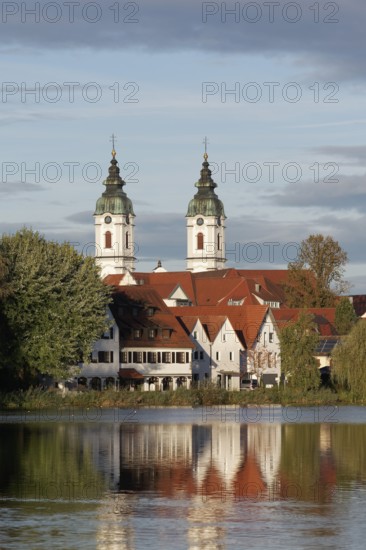 Church of St. Peter, view over the town lake, morning light, autumn, Bad forest lake, Upper Swabia, Baden-Württemberg, Germany, Europe