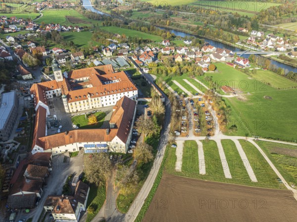 Aerial view of Plankstetten with Benedictine Abbey, Plankstetten, Berching, Bavaria, Germany, Europe