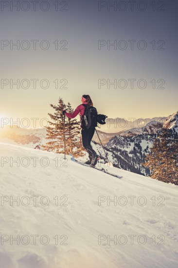 A woman's ski tour at sunrise on the Tegelberg in the Allgäu in the Ammergebirge, Bavaria, Germany, Europe