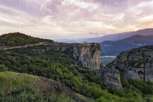 Sandstone formations, evening sky over Meteora, Thessaly, Greece, Europe